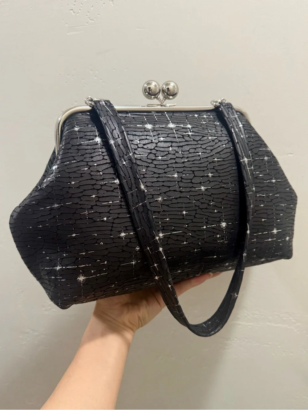 Silver Stars Embossed Cowhide Handmade Kisslock Frame, Extra Large Multi Use Bag
